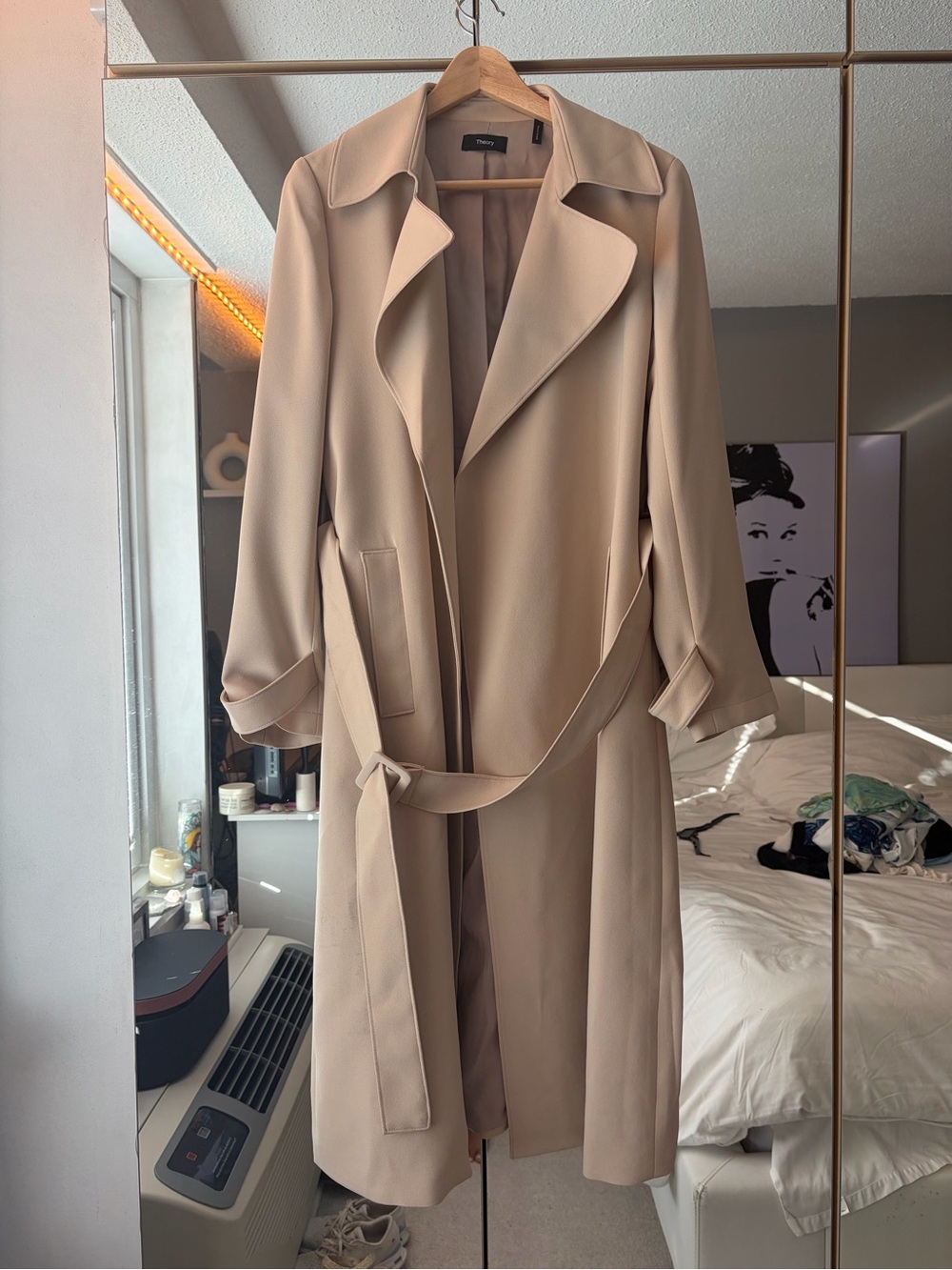 Theory Women’s Crepe Beige Oaklane Belted Trench Coat - Picture 6 of 9